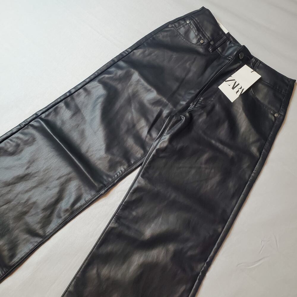 Zara Women's Size 2 NWT The Straight PU Faux Leather Pant Black